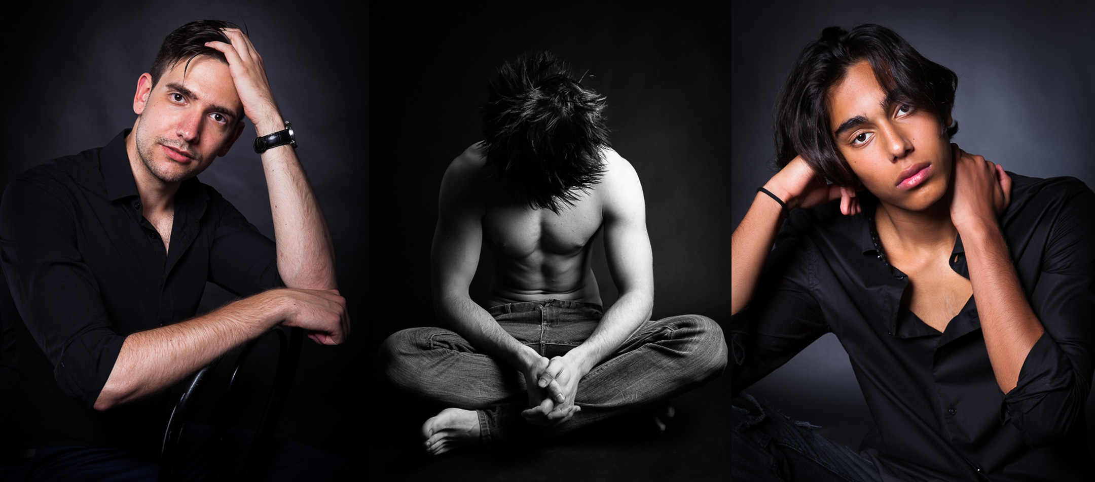 Férfi portré és portfólió fotózás. Három fiatal férfi fekete háttér előtt portrét áll.