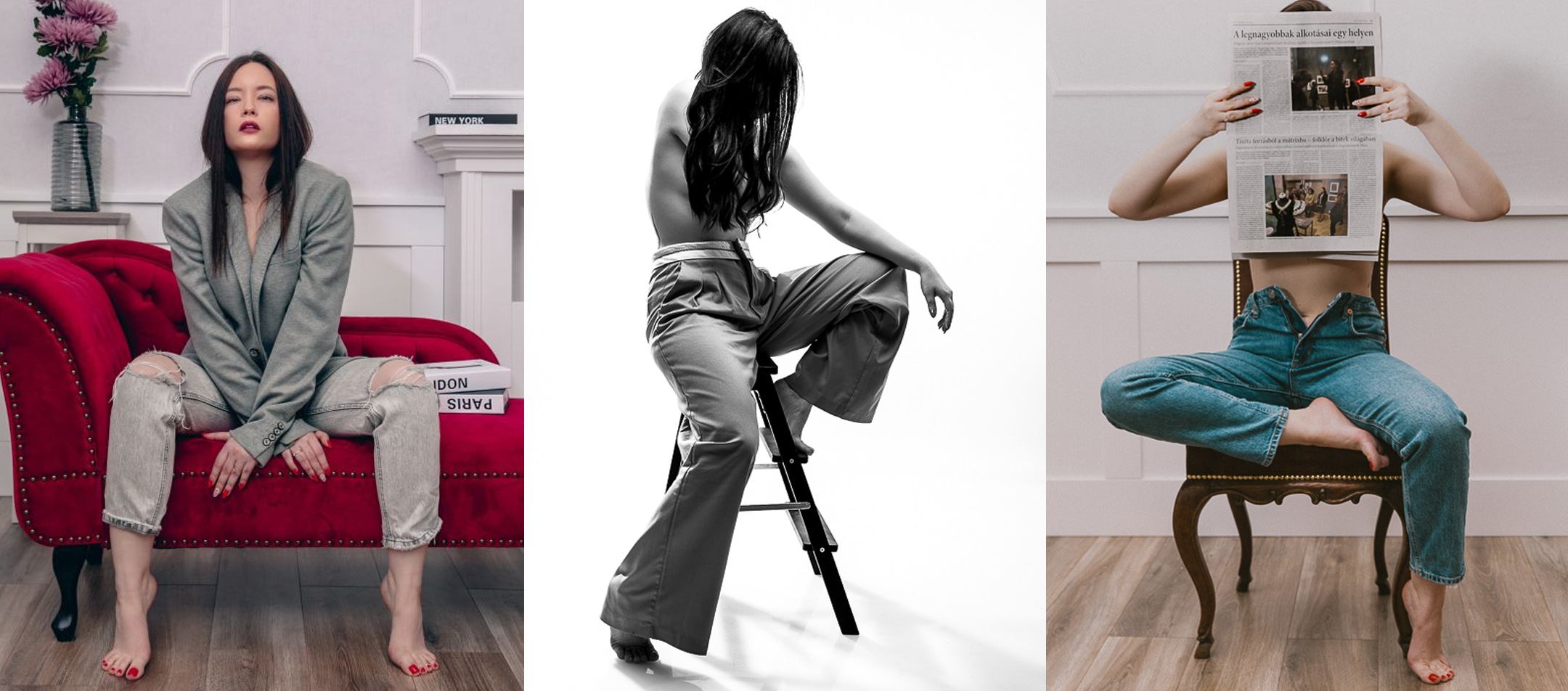 sejtetően öltöző hölgy ül székeken illetve kanapén a lifestyle életérzéses fotózás elvont pózaiban